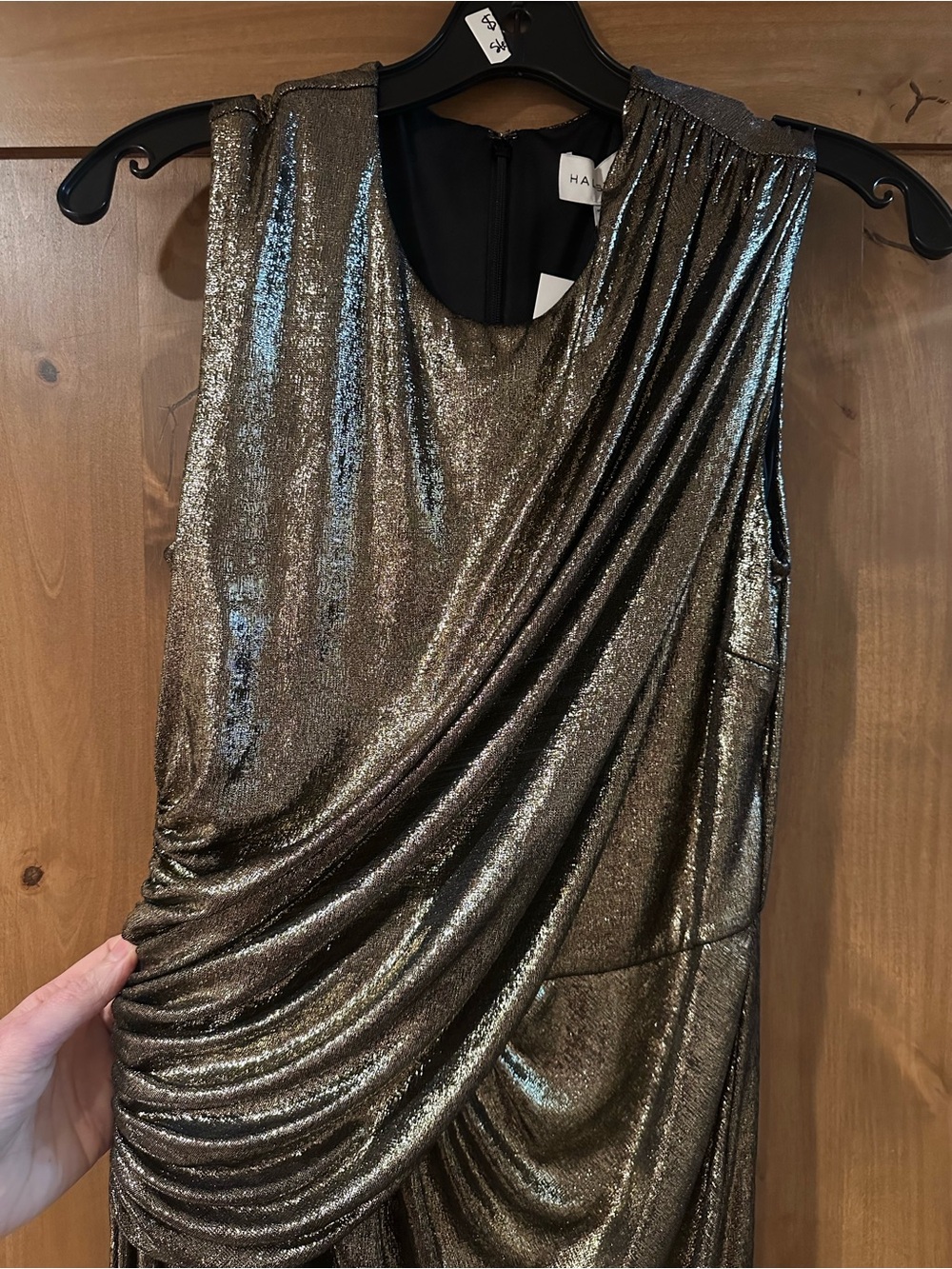 Halston Tiara Metallic Bronze One-Shoulder Draped Mini Dress - Picture 4 of 6